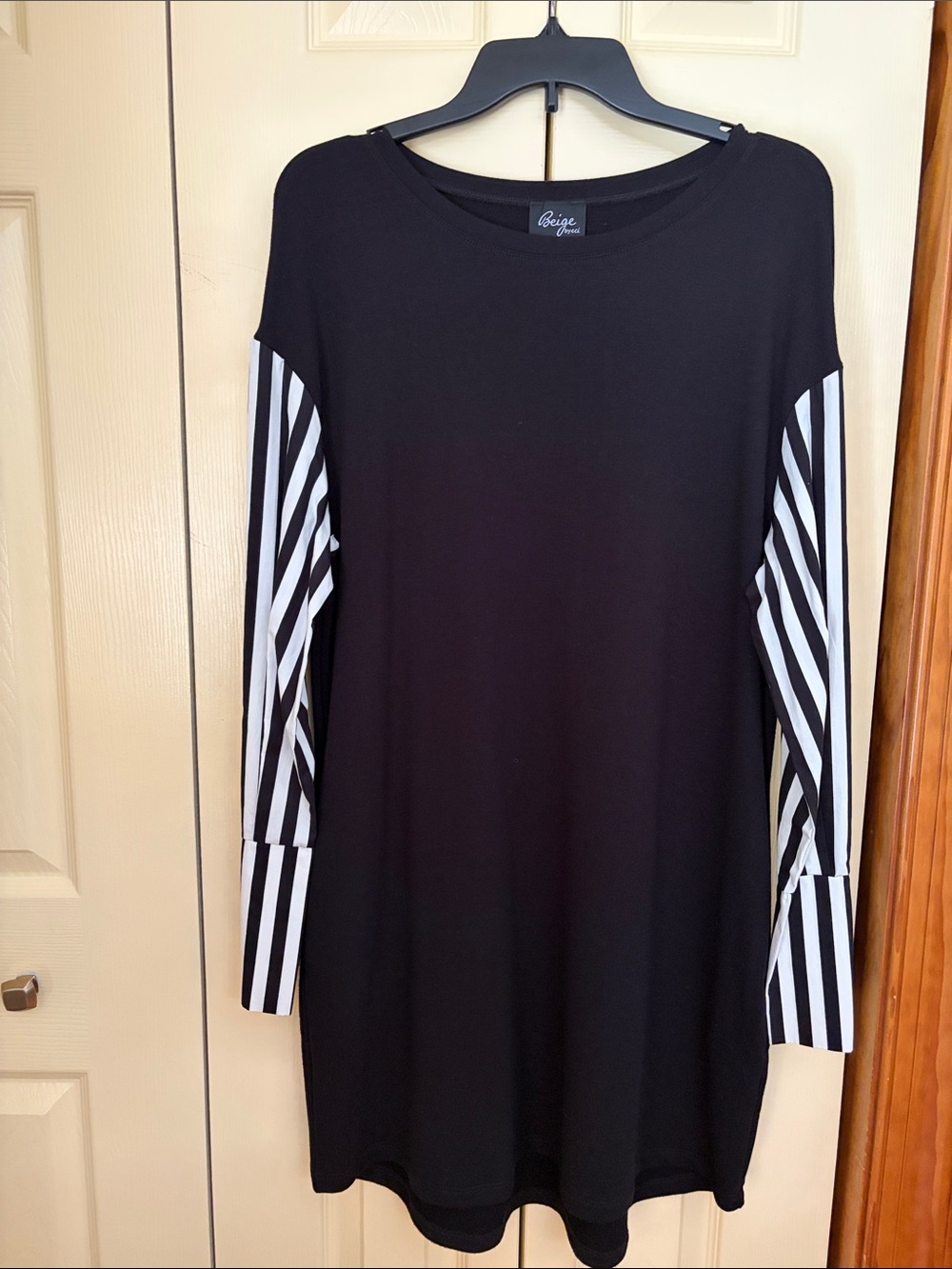 Black Dress with Striped Sleeve Detail